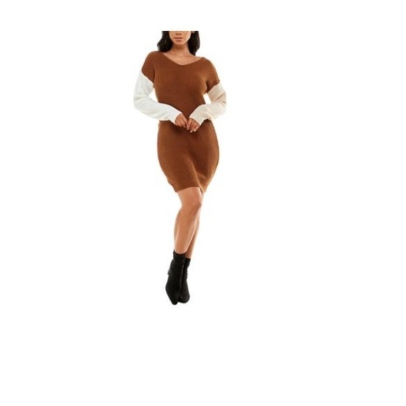 Crave Fame Juniors Colorblocked Reversible Sweater Dress Brown Cream NEW S - Picture 5 of 7